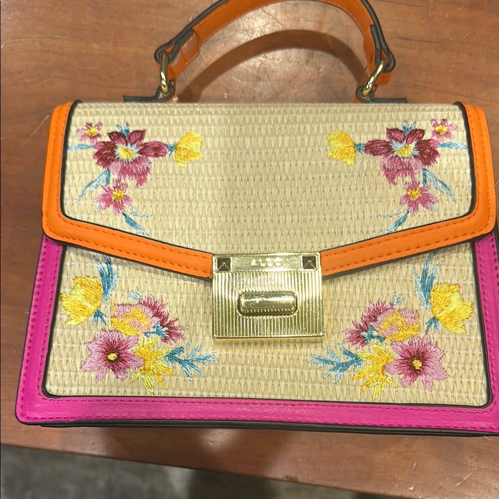 Aldo Orange Pink Mini Bag with Floral Embroidery